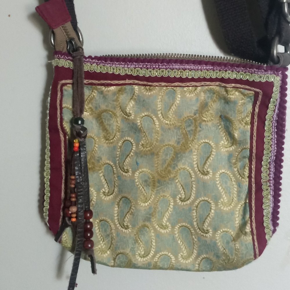 American Eagle Outfitters Handcrafted Bag Beaded Tassels Canvas Strap Zip Close